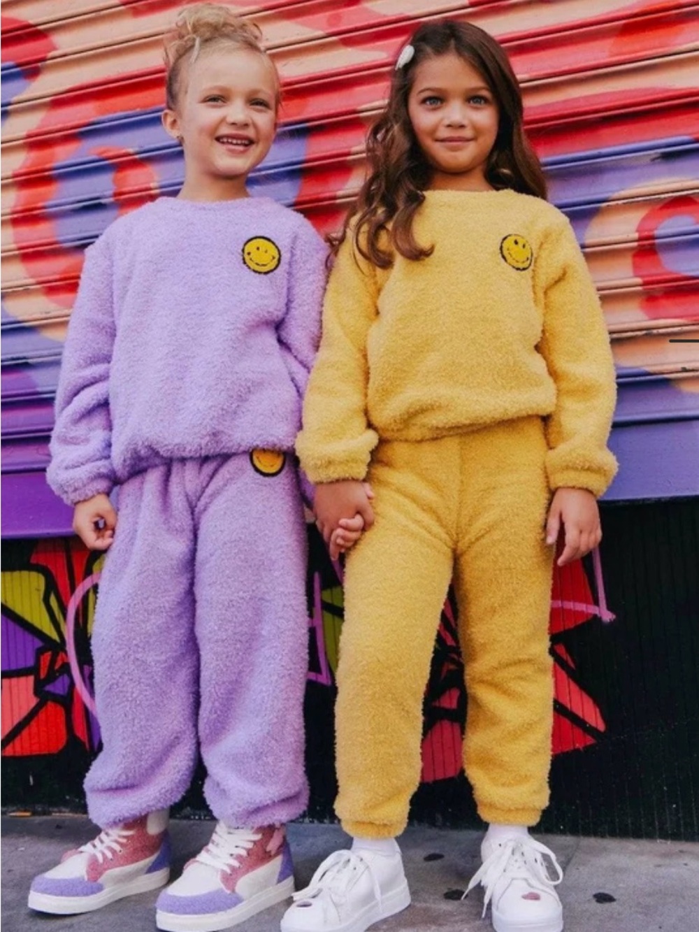Lola + The Boys Lavender and Yellow Plush Jogger Set with Smiley Patch